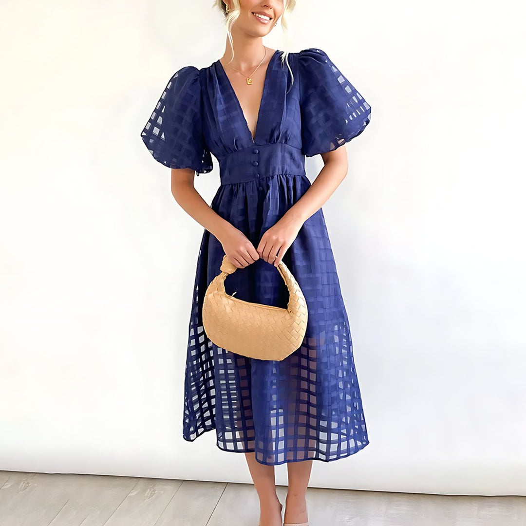 Women's Puff Sleeve V-Neck Checkered Fall Midi Dress