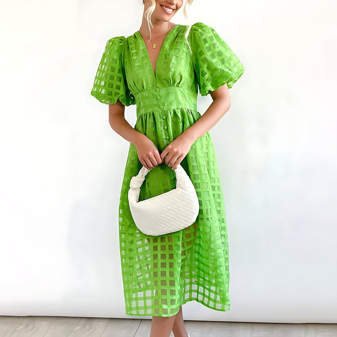 Women's Puff Sleeve V-Neck Checkered Fall Midi Dress