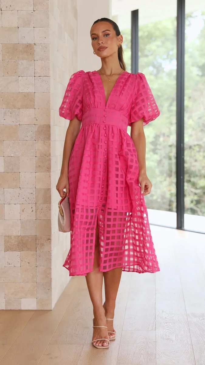 Women's Puff Sleeve V-Neck Empire Waist Fall Midi Dress
