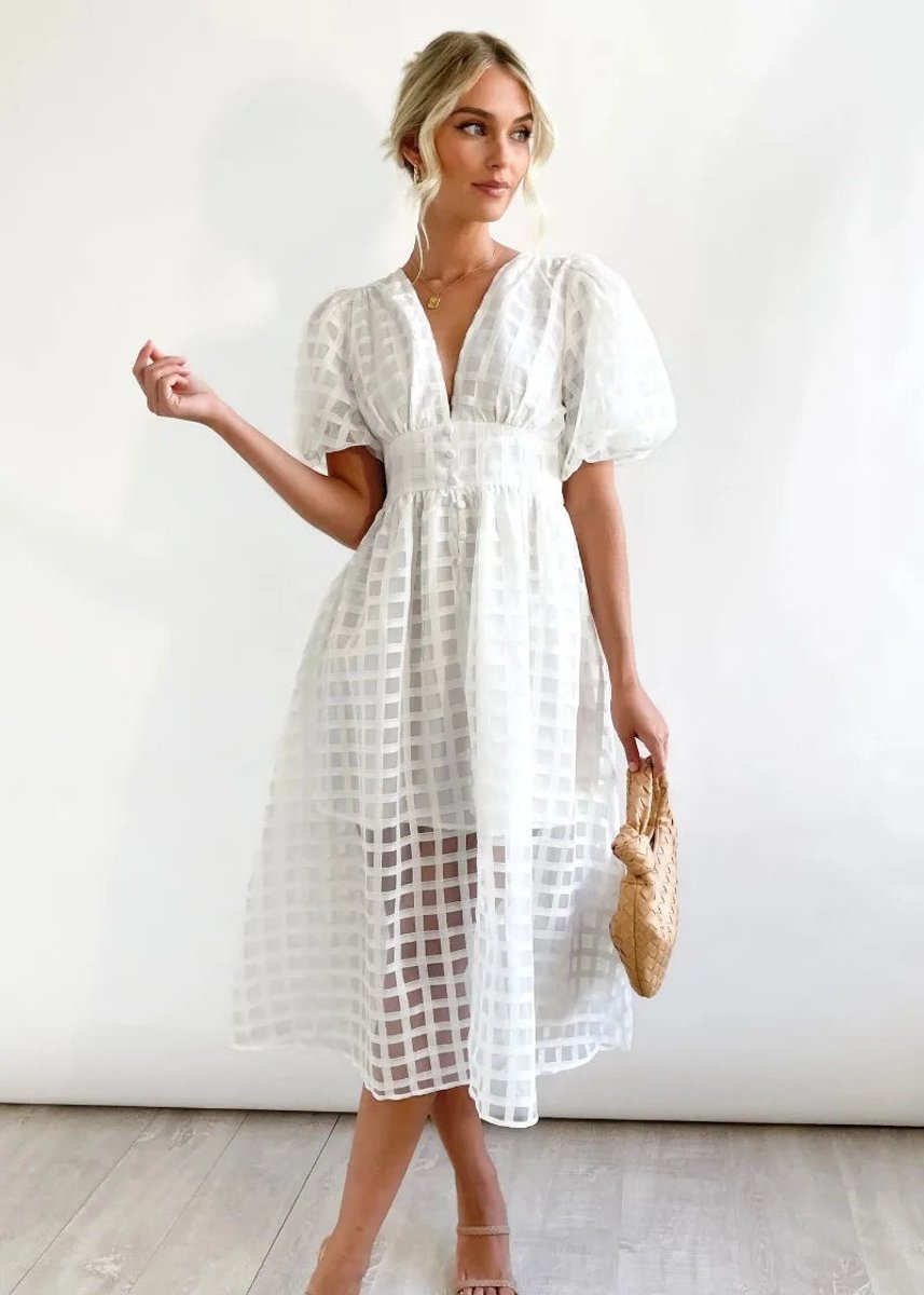 Women's Puff Sleeve V-Neck Empire Waist Fall Midi Dress