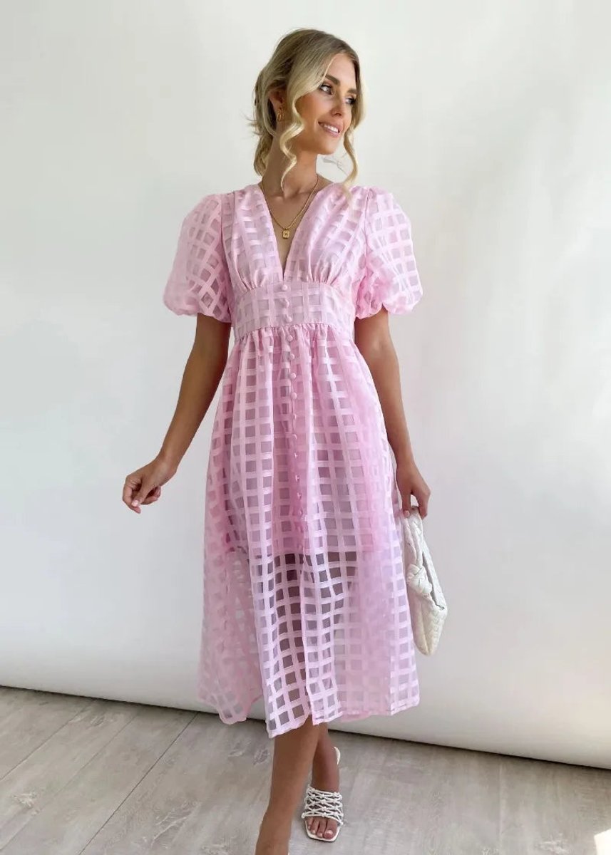 Women's Puff Sleeve V-Neck Empire Waist Fall Midi Dress