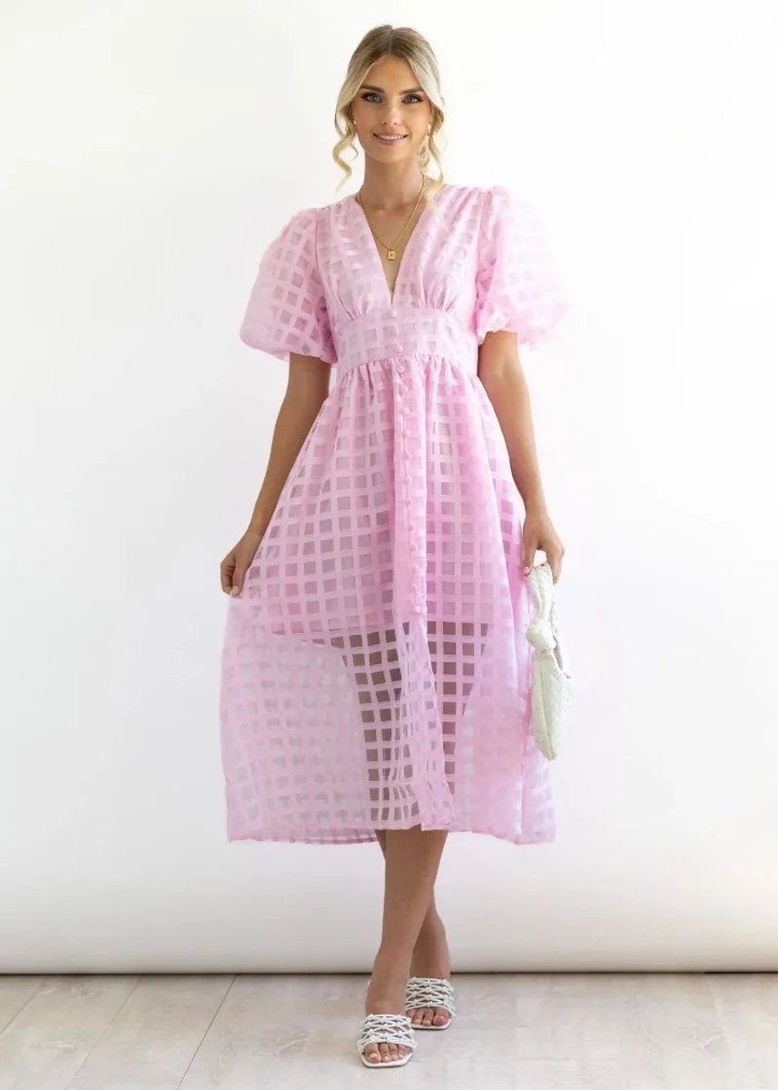 Women's Puff Sleeve V-Neck Empire Waist Fall Midi Dress