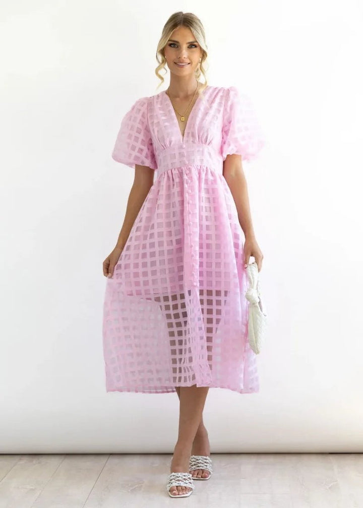 Women's Puff Sleeve V-Neck Empire Waist Fall Midi Dress
