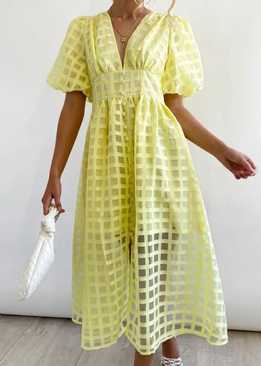 Women's Puff Sleeve V-Neck Empire Waist Fall Midi Dress