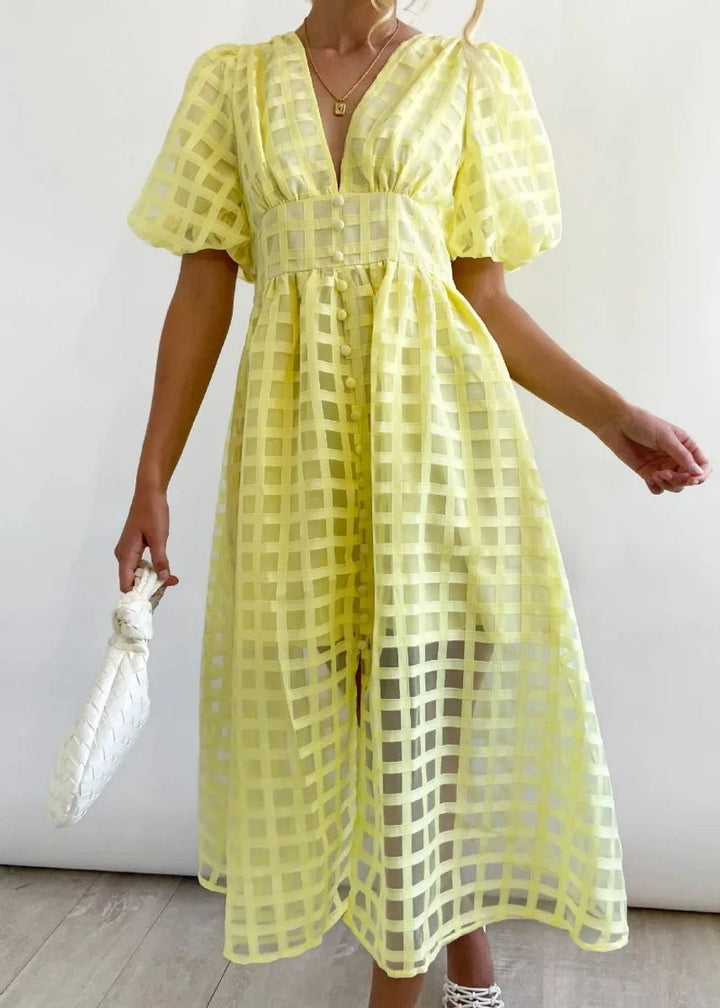Women's Puff Sleeve V-Neck Empire Waist Fall Midi Dress