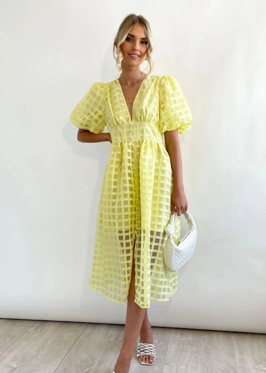 Women's Puff Sleeve V-Neck Empire Waist Fall Midi Dress