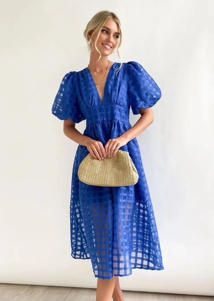 Women's Puff Sleeve V-Neck Empire Waist Fall Midi Dress