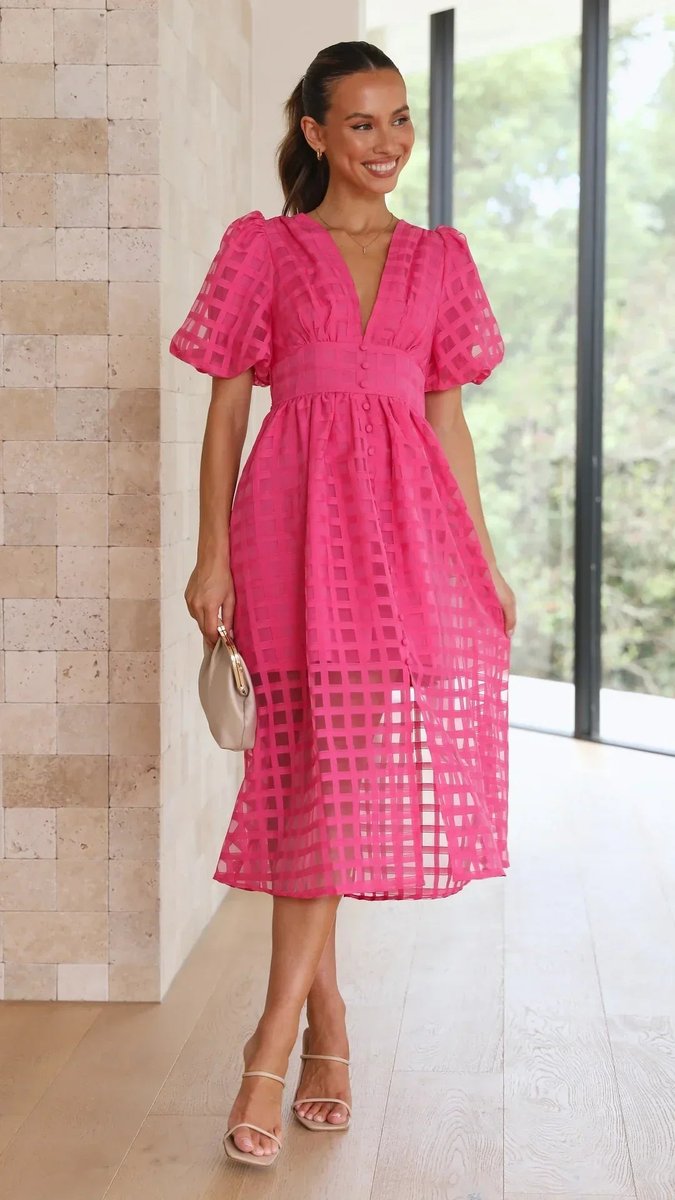 Women's Puff Sleeve V-Neck Empire Waist Fall Midi Dress