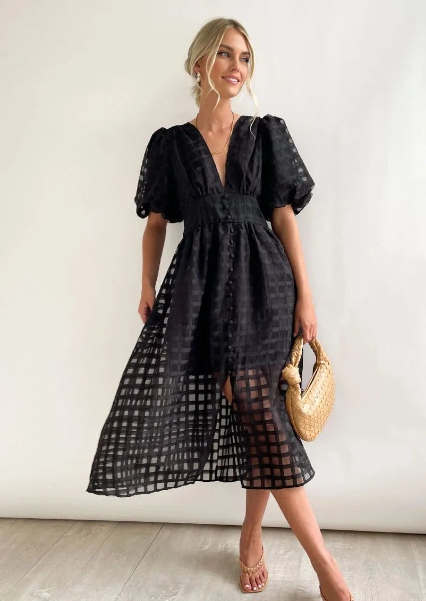 Women's Puff Sleeve V-Neck Empire Waist Fall Midi Dress