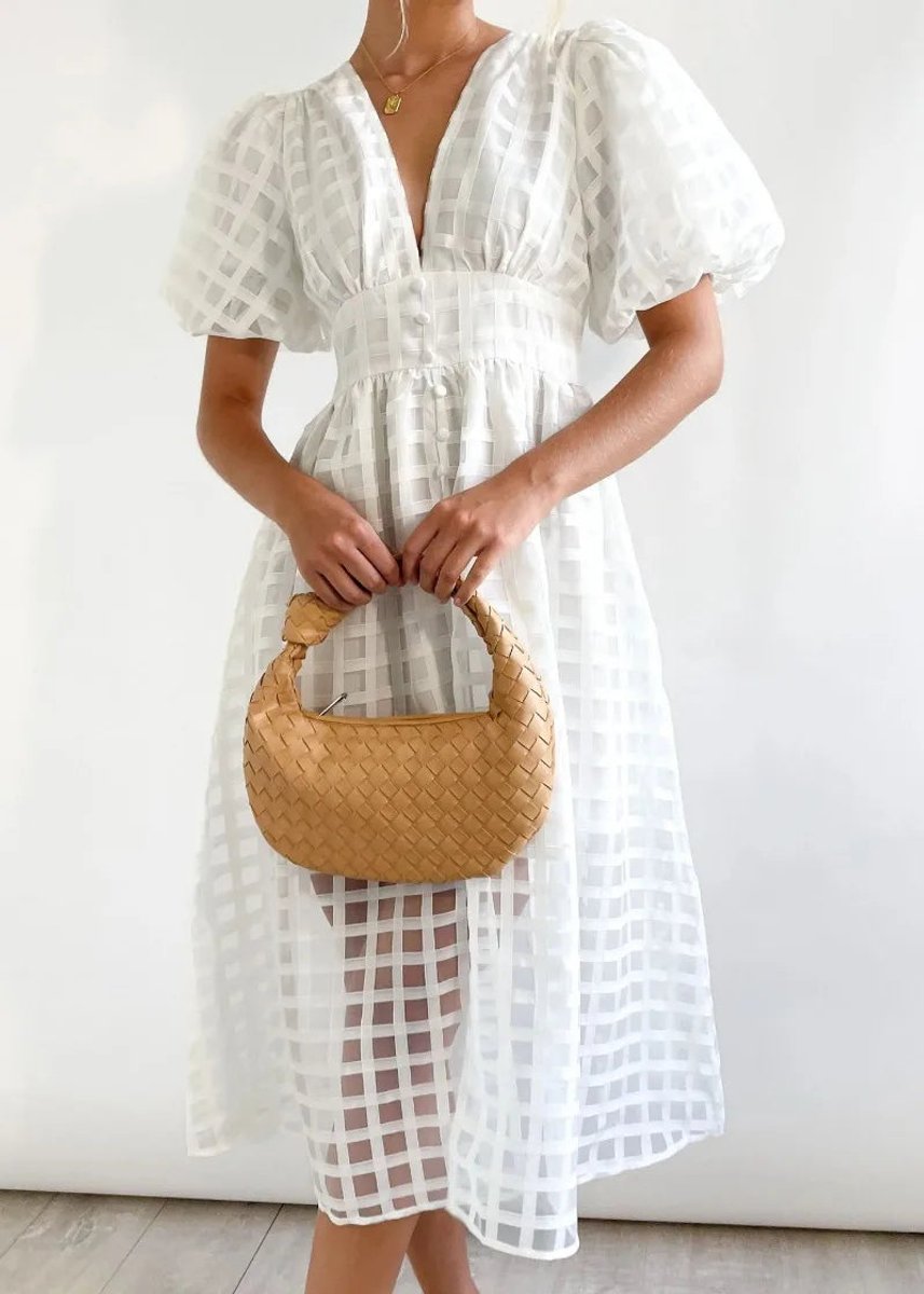 Women's Puff Sleeve V-Neck Empire Waist Fall Midi Dress