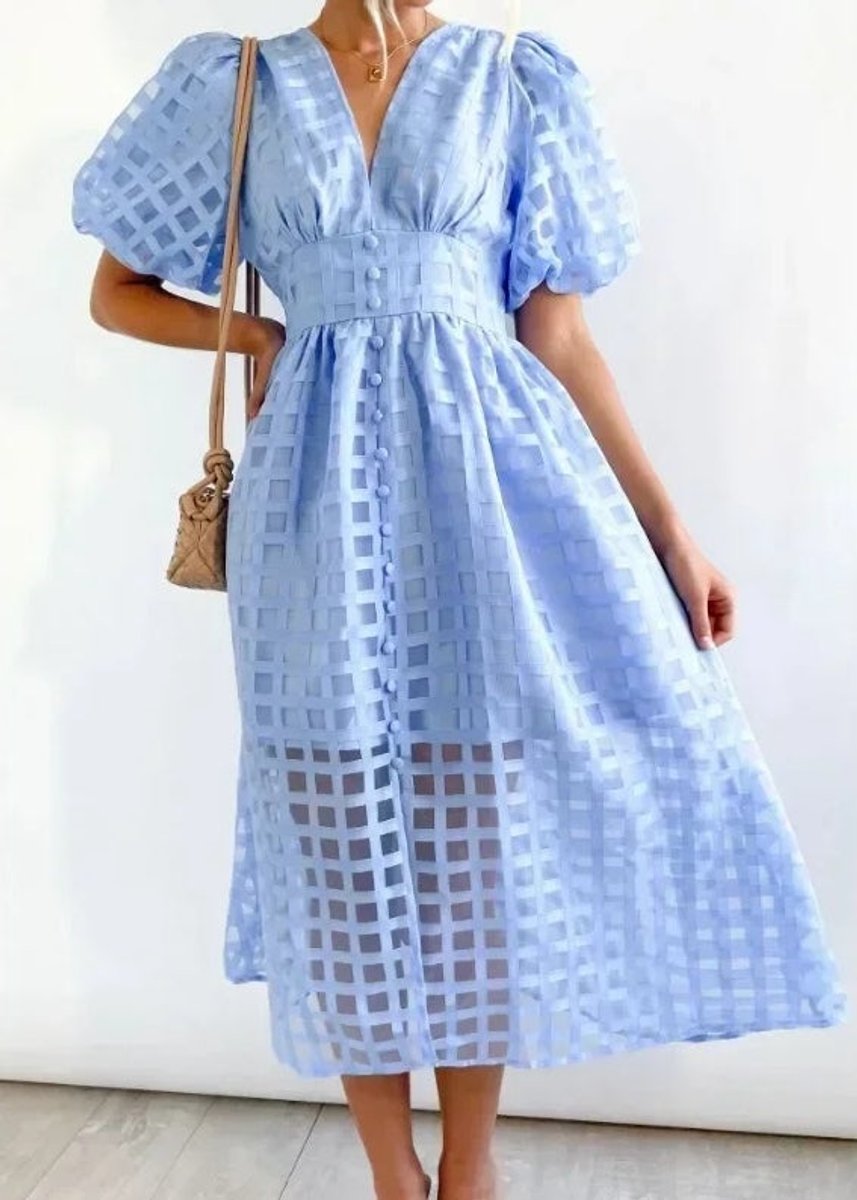 Women's Puff Sleeve V-Neck Empire Waist Fall Midi Dress