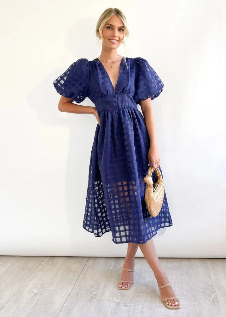 Women's Puff Sleeve V-Neck Empire Waist Fall Midi Dress