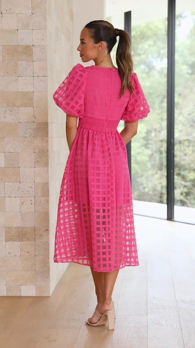 Women's Puff Sleeve V-Neck Empire Waist Fall Midi Dress