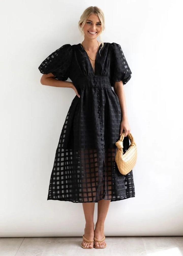 Women's Puff Sleeve V-Neck Empire Waist Fall Midi Dress