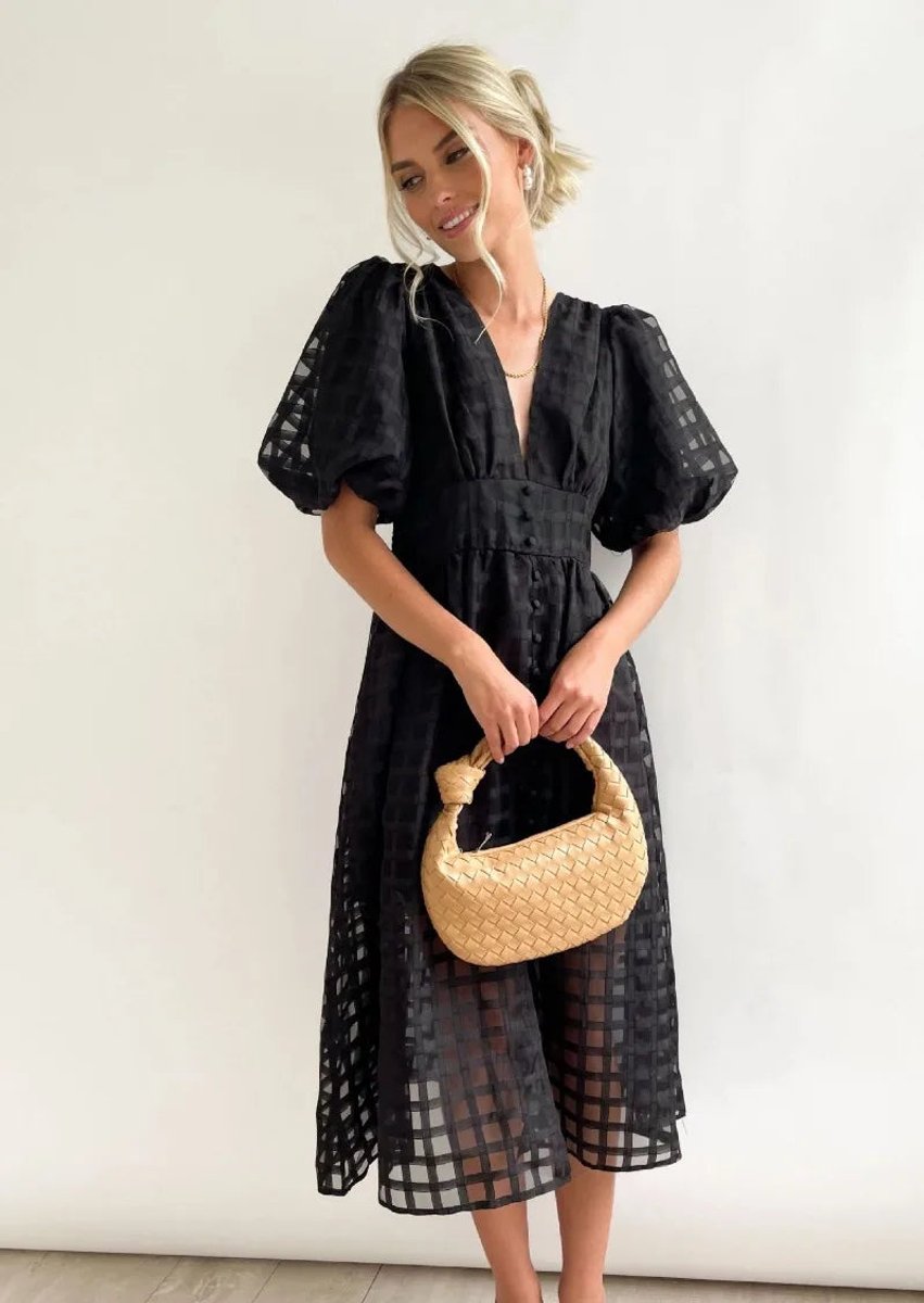 Women's Puff Sleeve V-Neck Empire Waist Fall Midi Dress