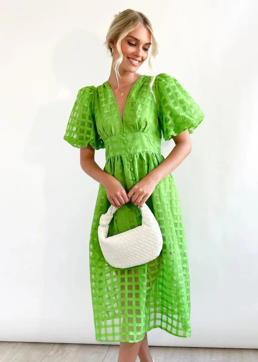 Women's Puff Sleeve V-Neck Empire Waist Fall Midi Dress