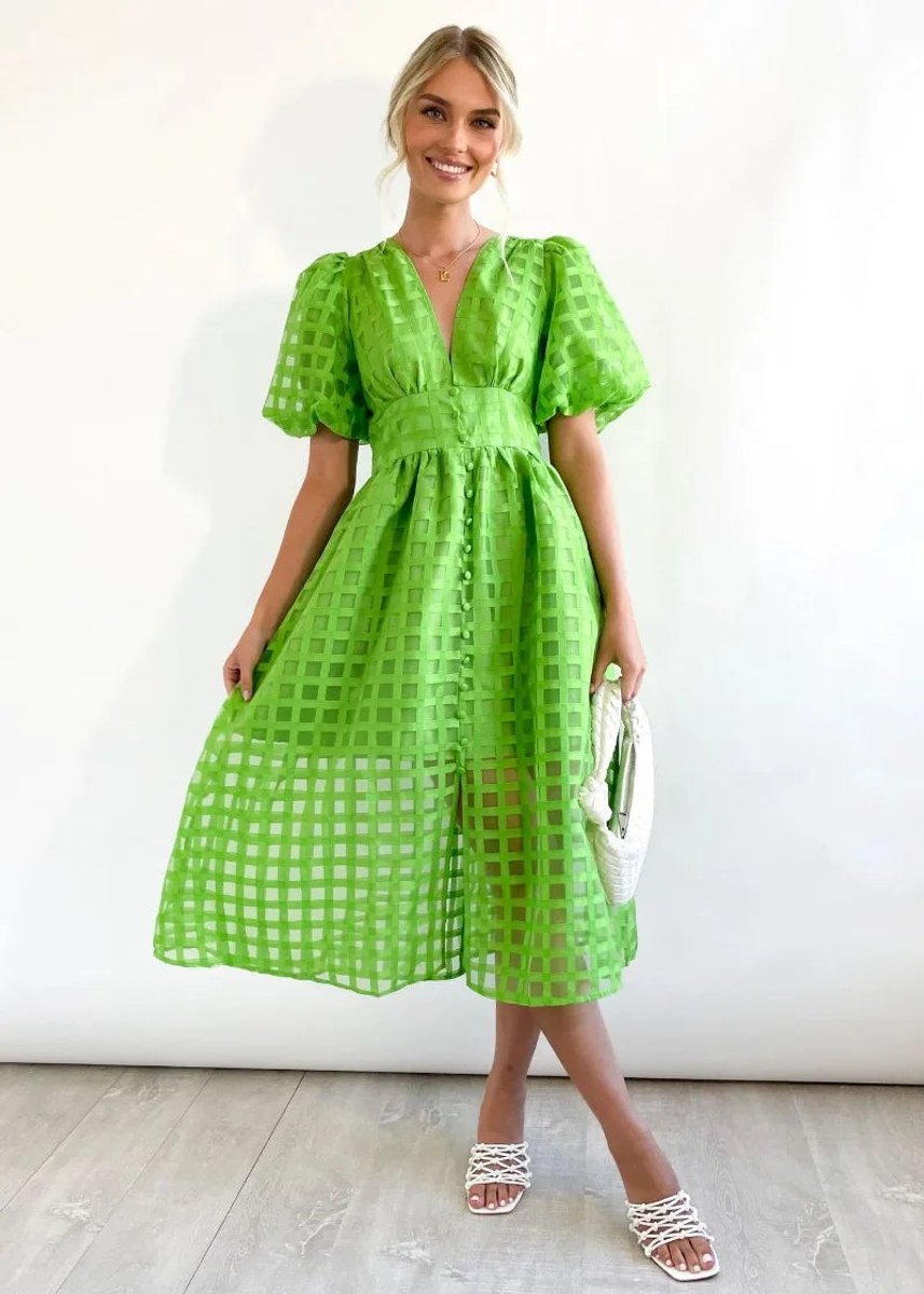 Women's Puff Sleeve V-Neck Empire Waist Fall Midi Dress