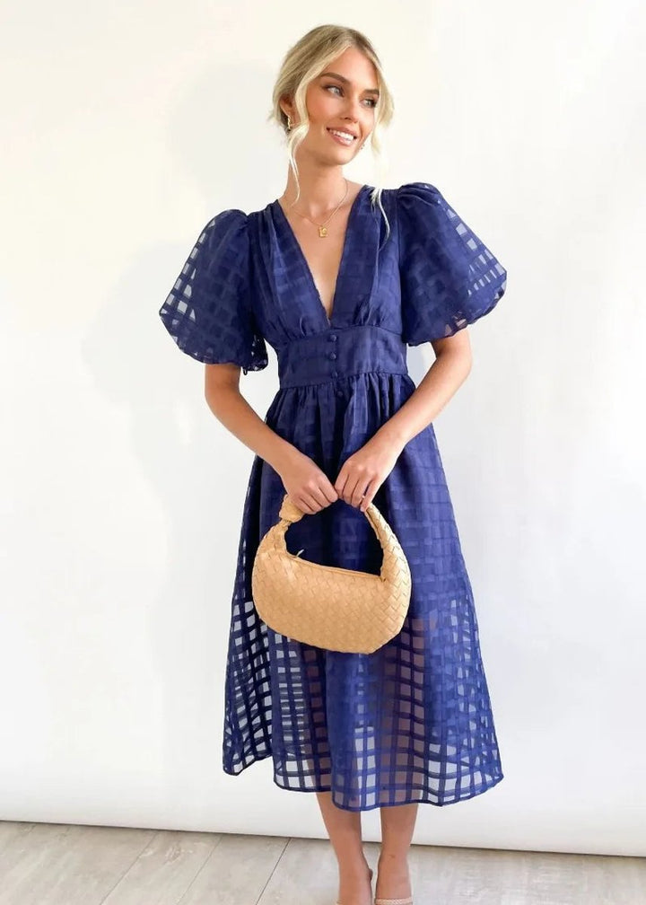 Women's Puff Sleeve V-Neck Empire Waist Fall Midi Dress