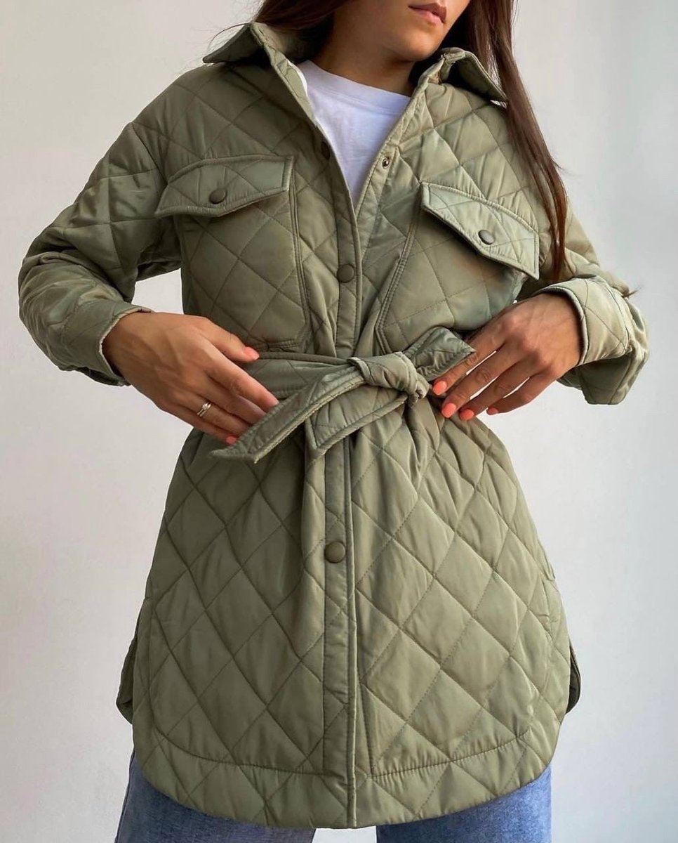 Women's Quilted Belted Trench Coat Padded Shirt Jacket