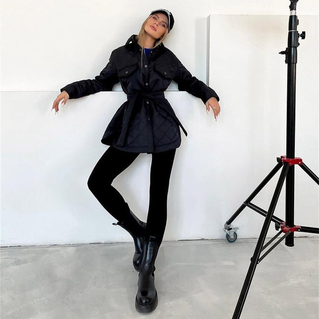Women's Quilted Belted Trench Coat Padded Shirt Jacket