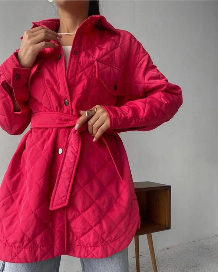 Women's Quilted Belted Trench Coat Padded Shirt Jacket