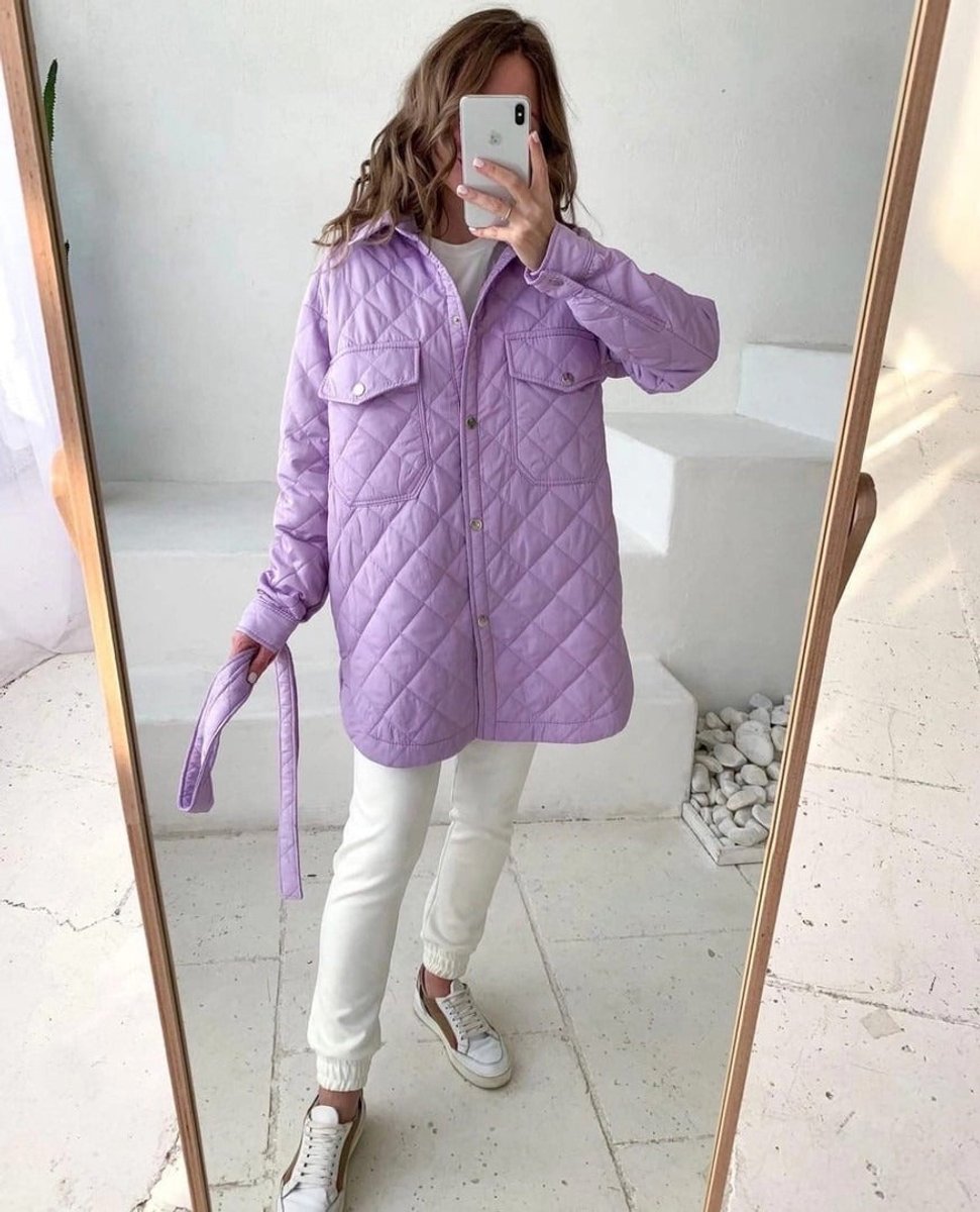 Women's Quilted Belted Trench Coat Padded Shirt Jacket