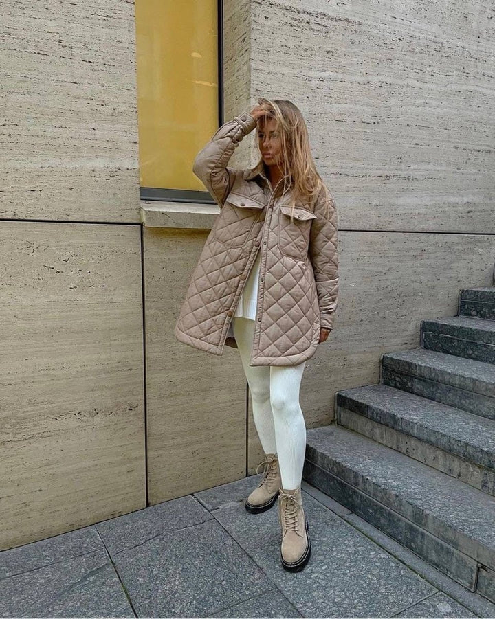 Women's Quilted Belted Trench Coat Padded Shirt Jacket