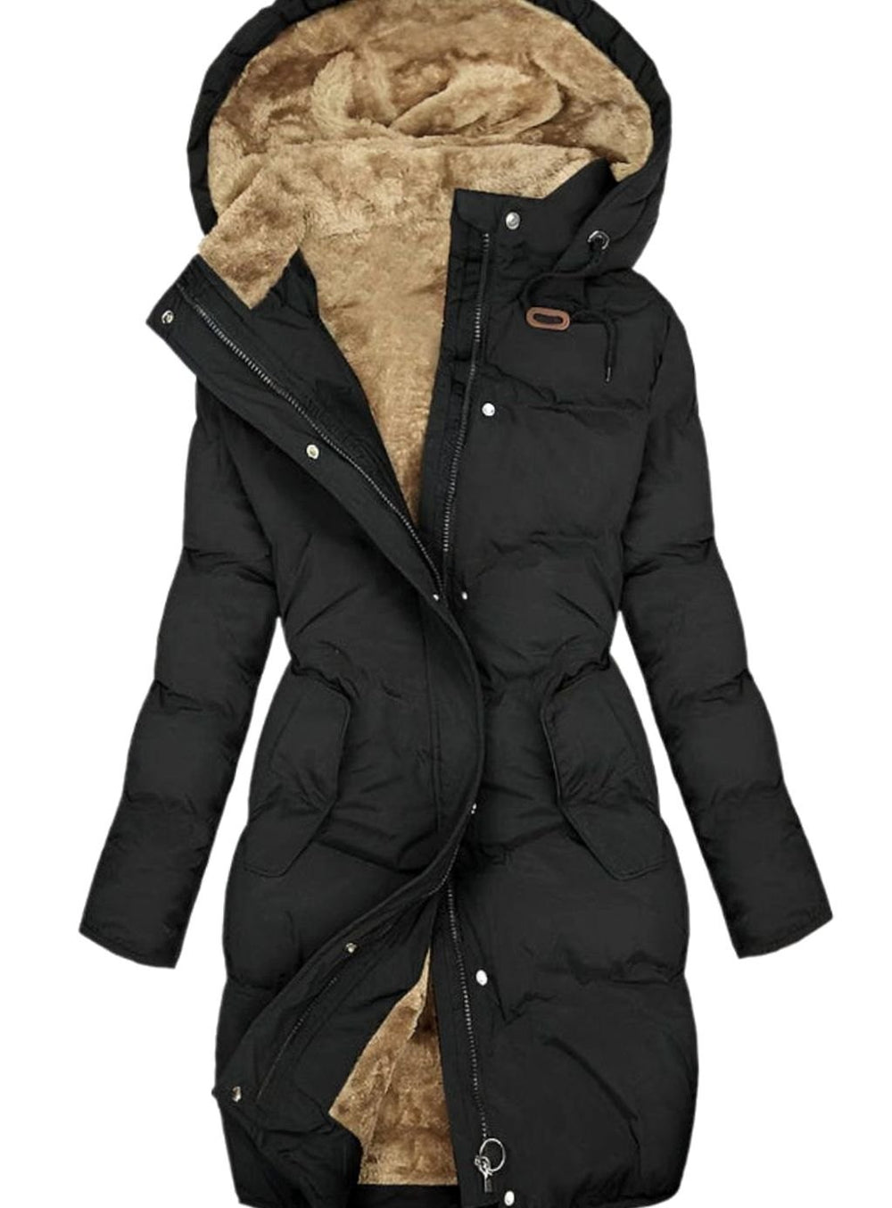 Women's Quilted Fleece-Lined Full-Zip Hooded Coat - Black