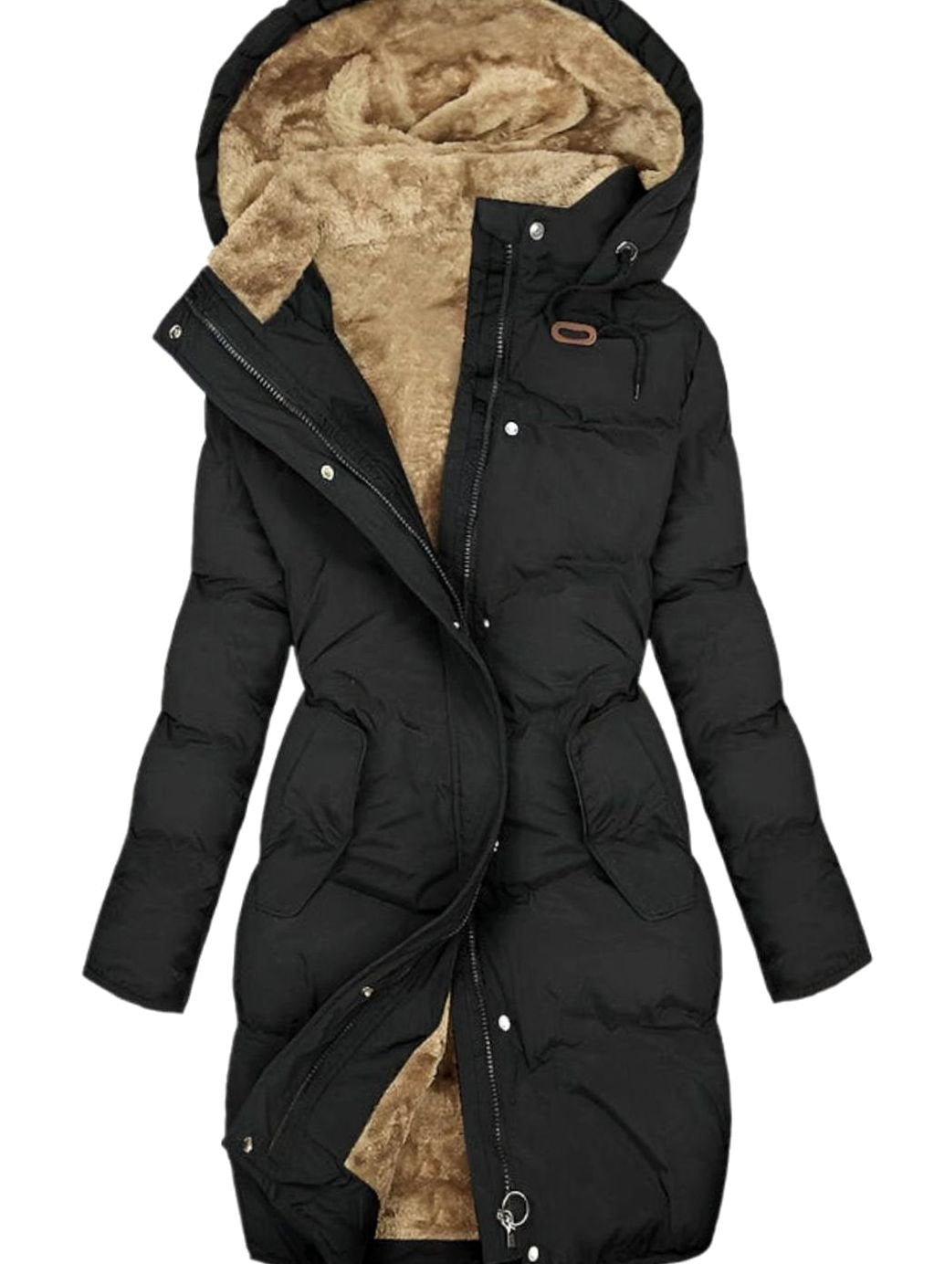 Women's Quilted Fleece-Lined Full-Zip Hooded Coat - Black