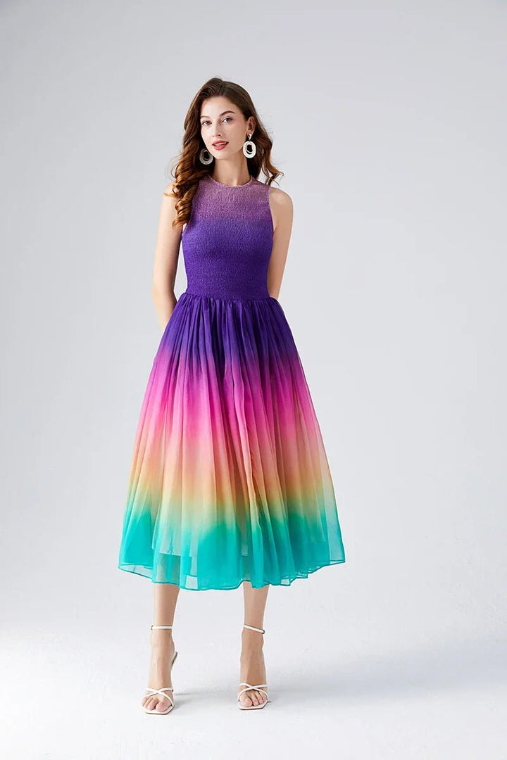 Women's Rainbow Gradient Smocked Bodice A-Line Fall Midi Dress