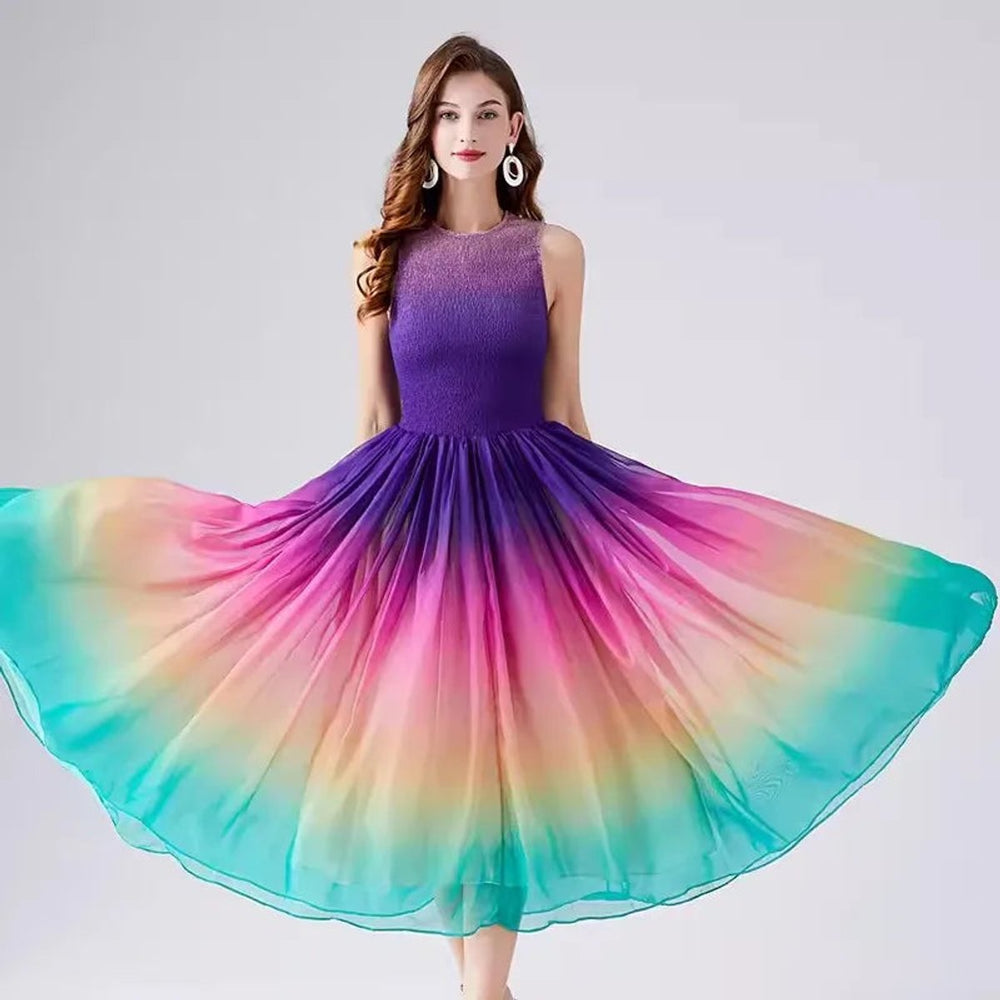 Women's Rainbow Gradient Smocked Bodice A-Line Fall Midi Dress