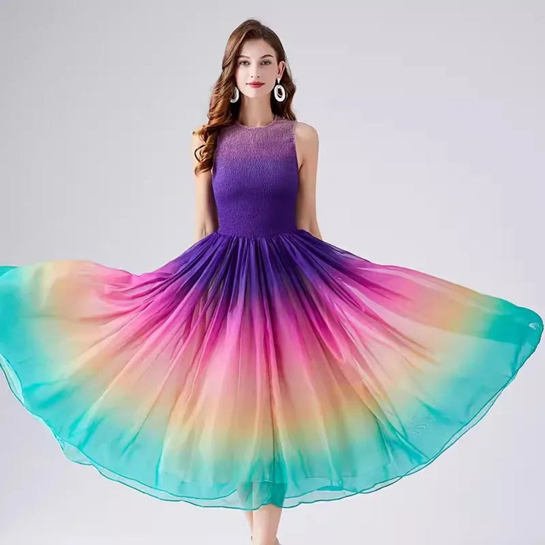 Women's Rainbow Gradient Smocked Bodice A-Line Fall Midi Dress