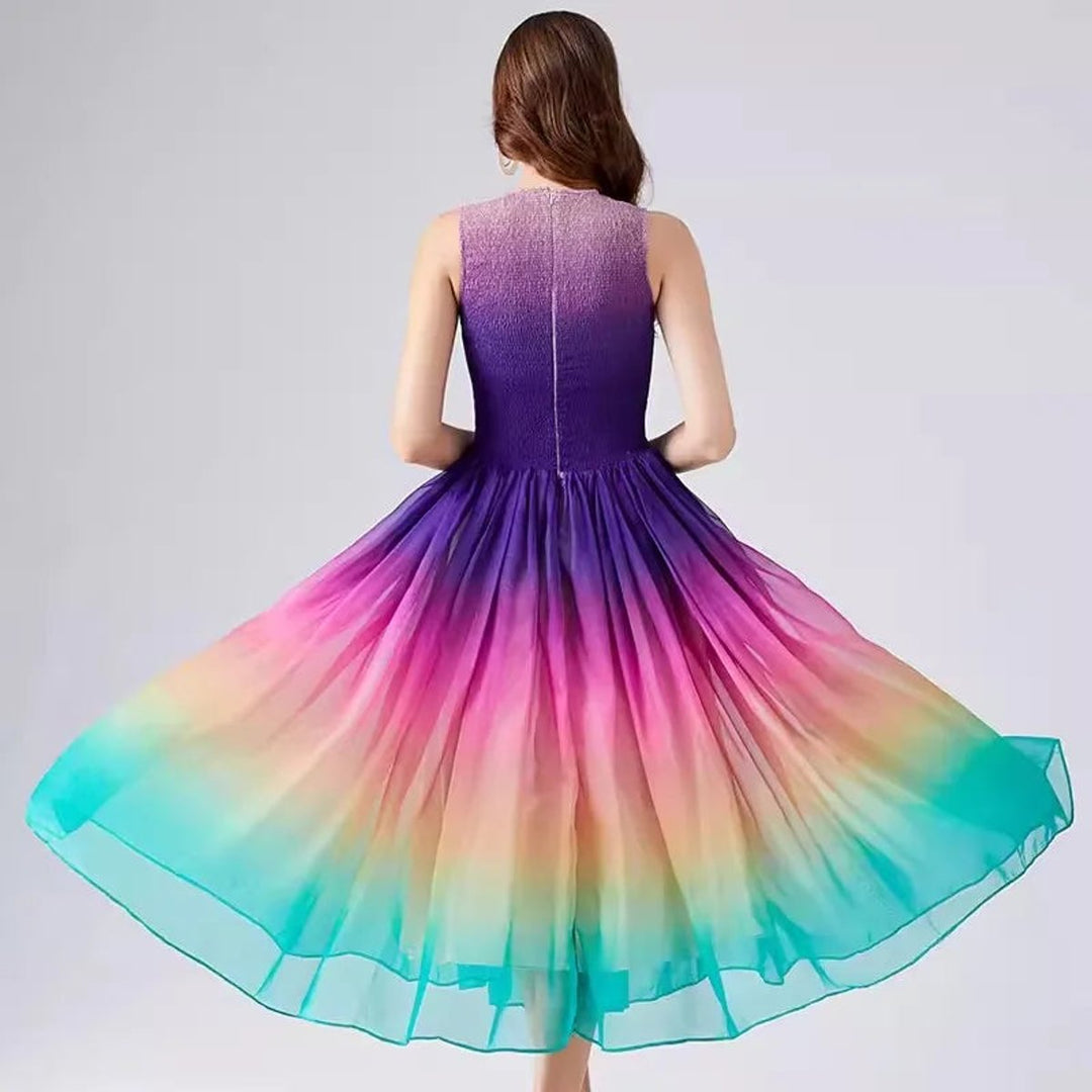 Women's Rainbow Gradient Smocked Bodice A-Line Fall Midi Dress