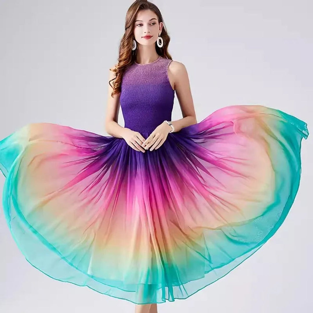 Women's Rainbow Gradient Smocked Bodice A-Line Fall Midi Dress