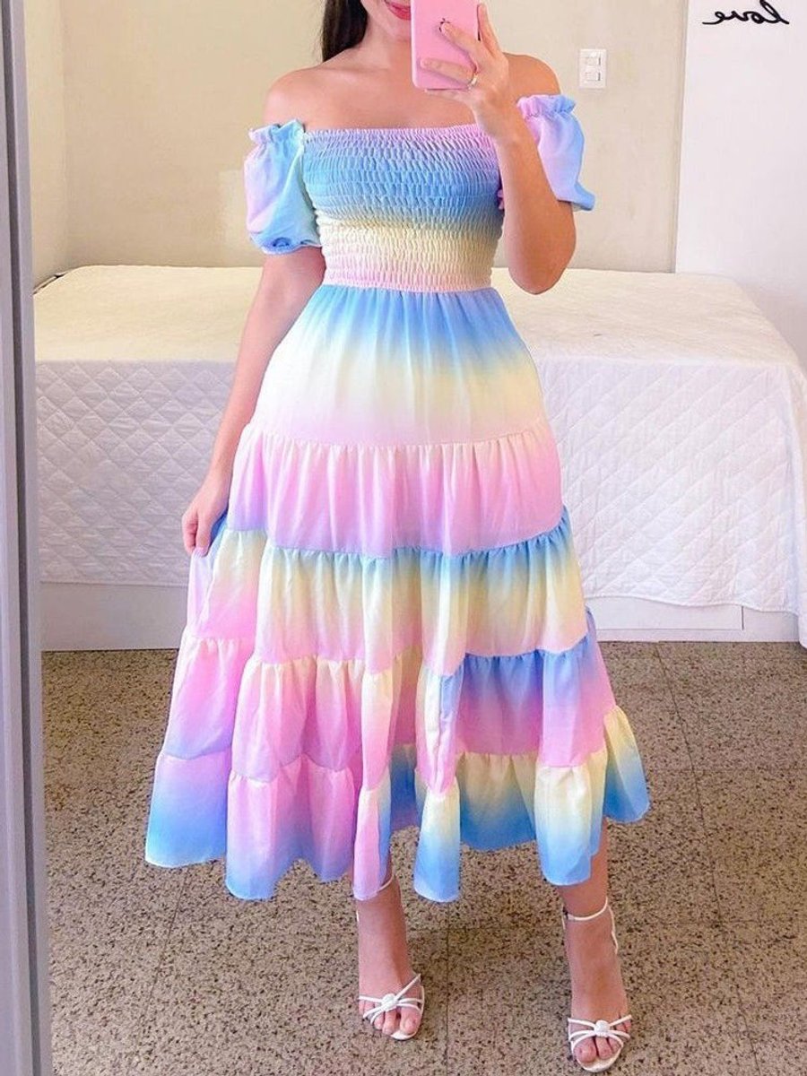 Women's Rainbow Tiered Off-Shoulder Fall Midi Dress