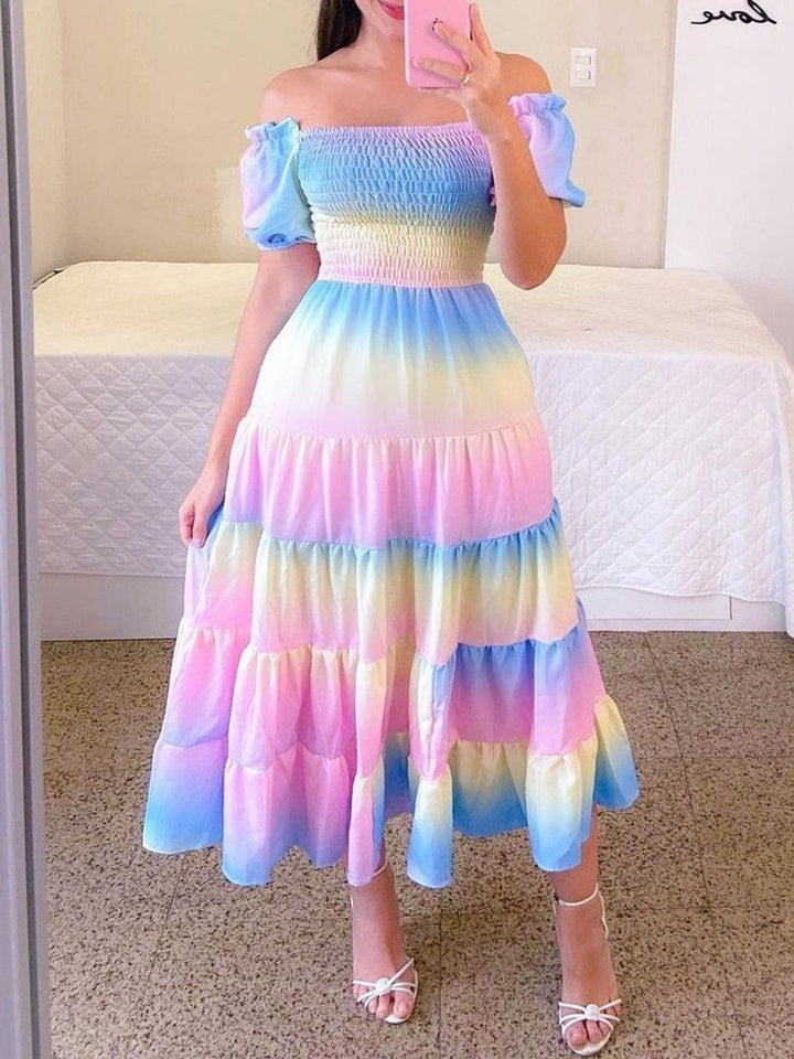 Women's Rainbow Tiered Off-Shoulder Fall Midi Dress
