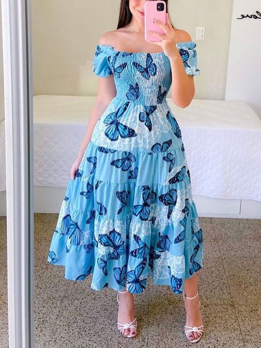 Women's Rainbow Tiered Off-Shoulder Fall Midi Dress