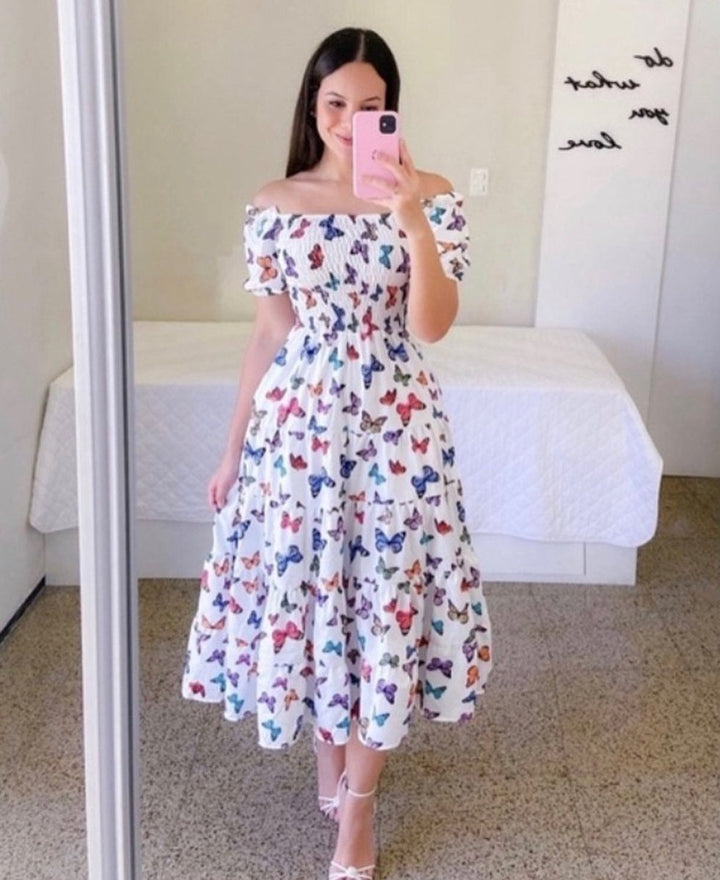 Women's Rainbow Tiered Off-Shoulder Fall Midi Dress