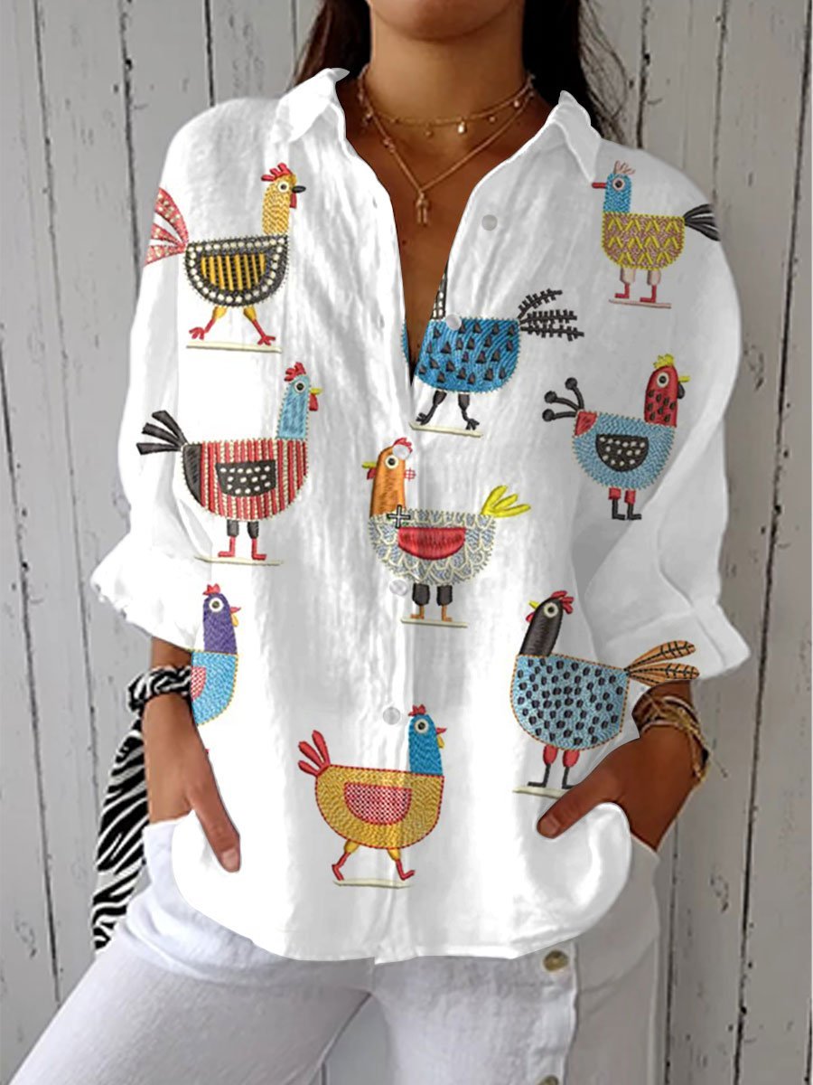 Women's Relaxed-Fit Button-Down Colorful Chicken Print Shirt