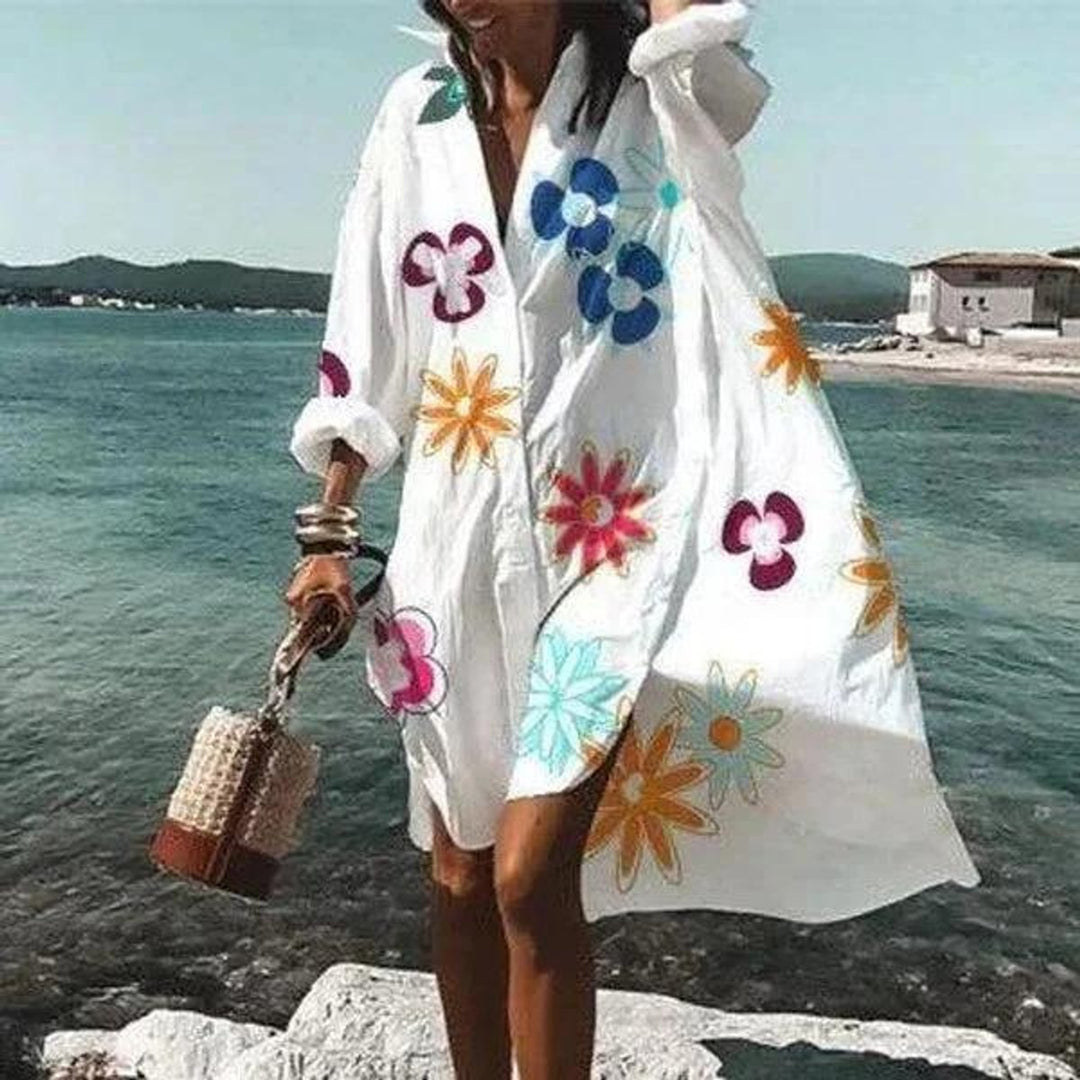 Women's Relaxed-Fit Button-Down Fall Midi Dress Shirt