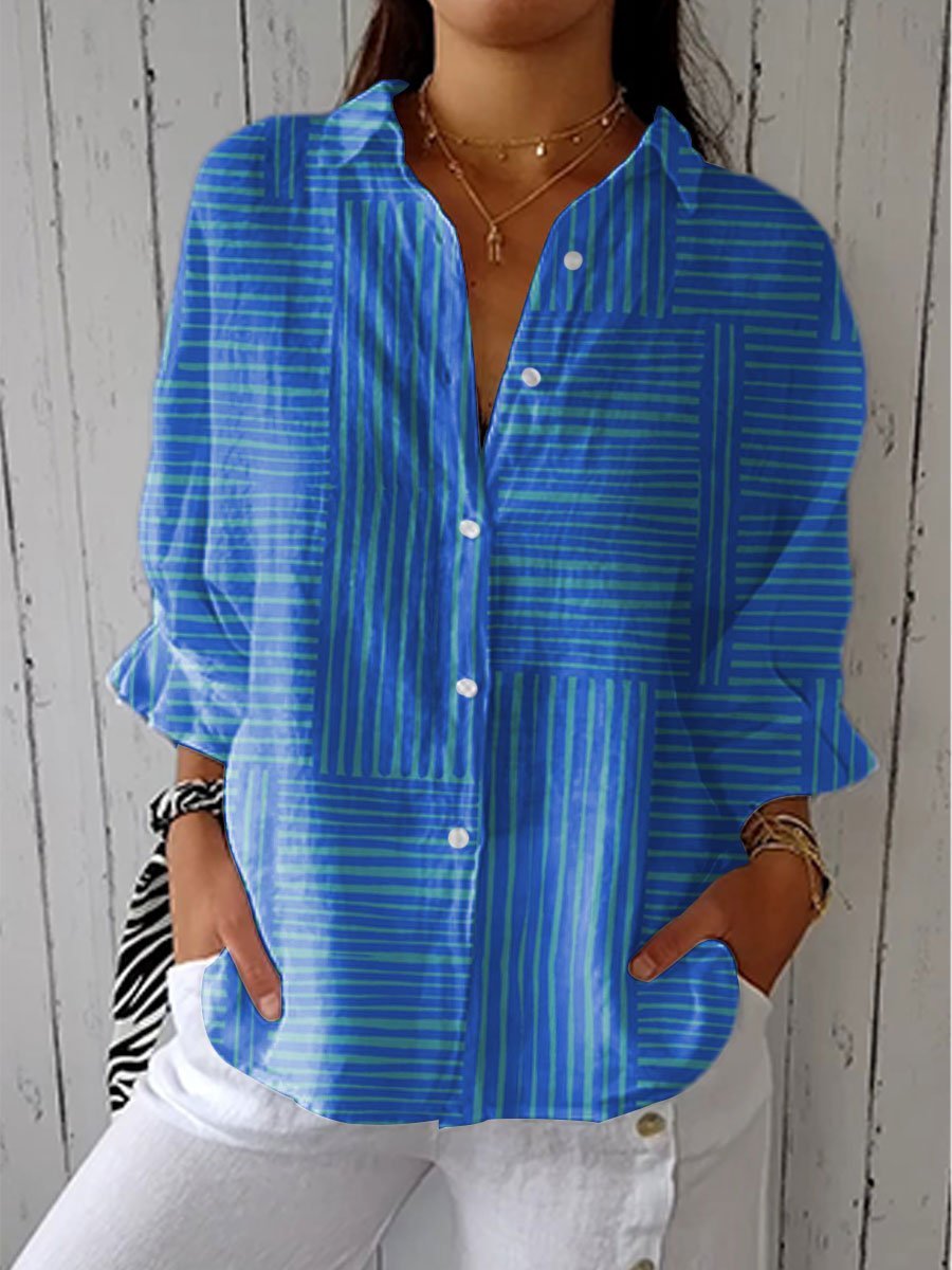 Women's Relaxed-Fit Button-Down Geometric Striped Long Sleeve Blouse