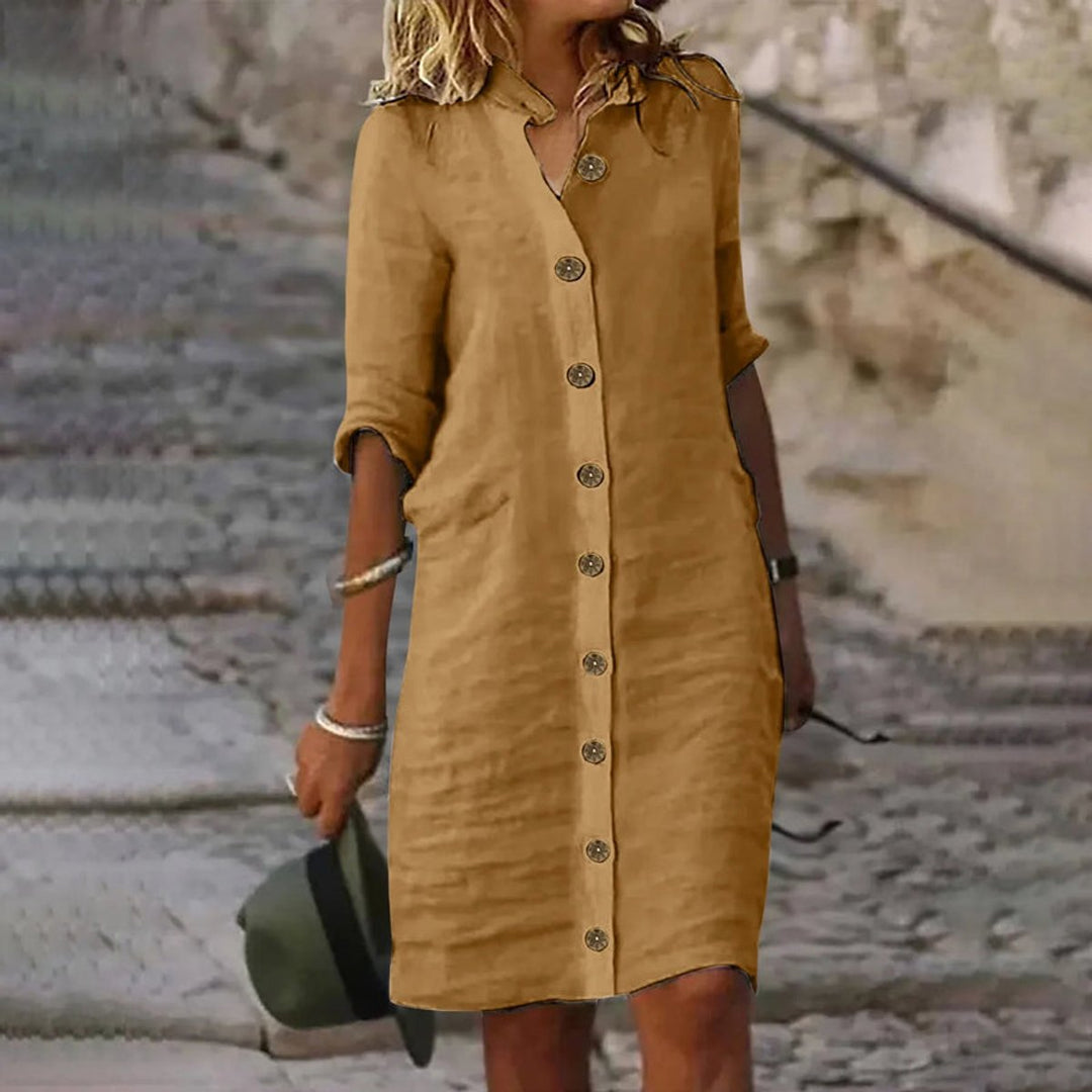 Women's Relaxed-Fit Button-Down Linen Fall Midi Dress