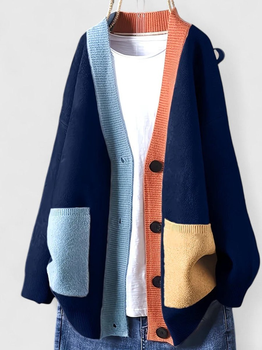 Women's Relaxed-Fit Button-Front Color-Block Knit Cardigan