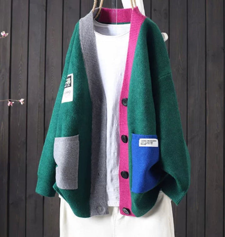Women's Relaxed-Fit Button-Front Color-Block Knit Cardigan