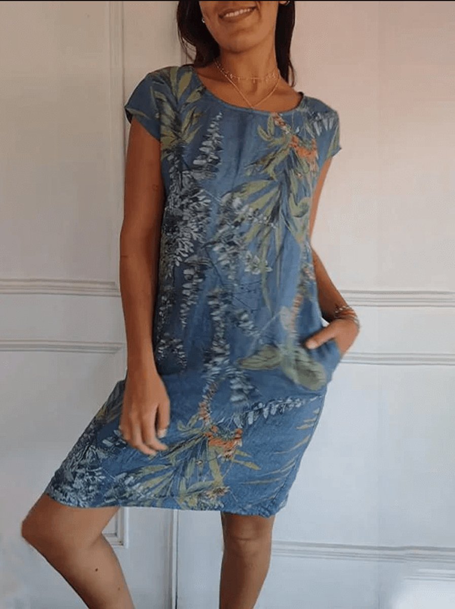 Women's Relaxed-Fit Cotton Linen Tropical Print Fall Midi Dress