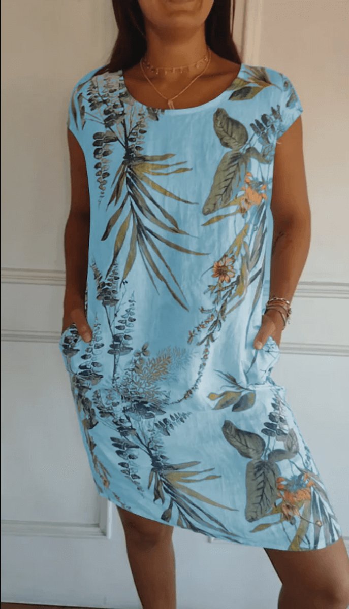 Women's Relaxed-Fit Cotton Linen Tropical Print Fall Midi Dress