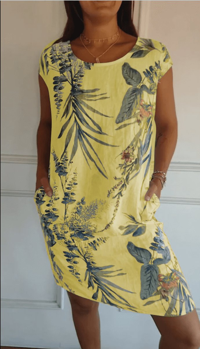 Women's Relaxed-Fit Cotton Linen Tropical Print Fall Midi Dress
