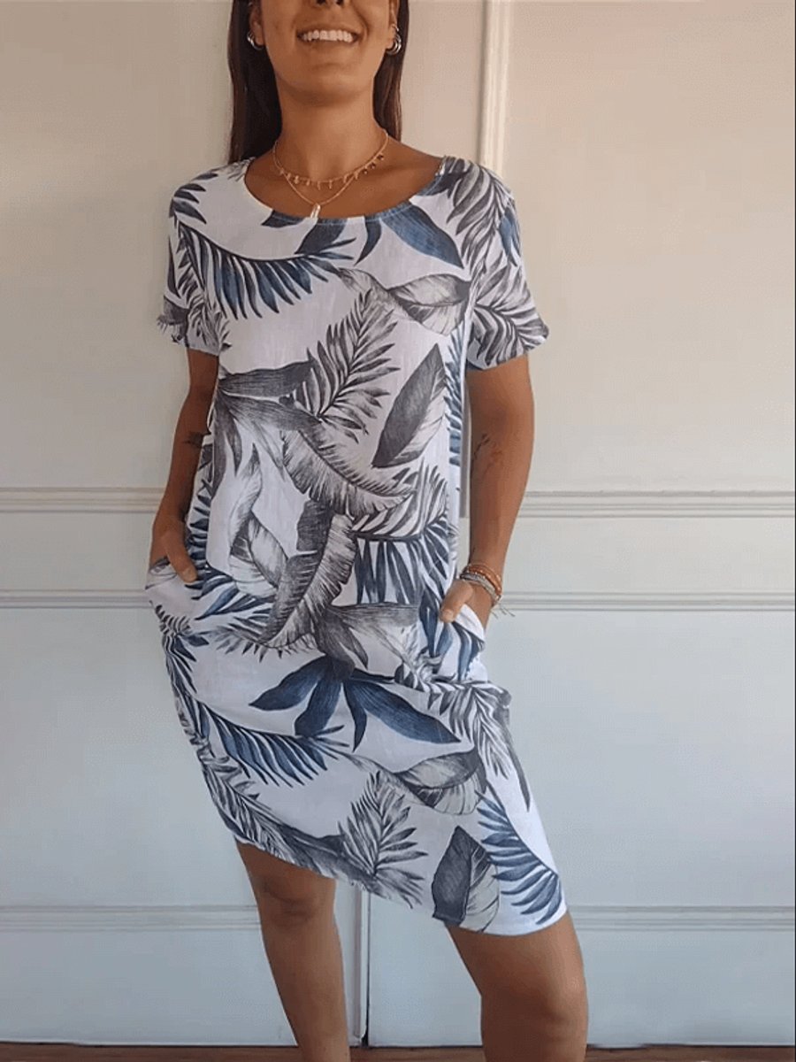Women's Relaxed-Fit Cotton Linen Tropical Print Fall Midi Dress