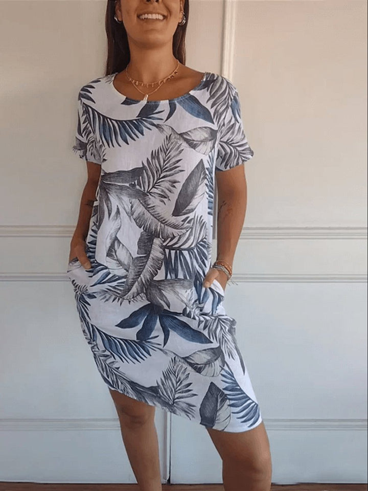 Women's Relaxed-Fit Cotton Linen Tropical Print Fall Midi Dress