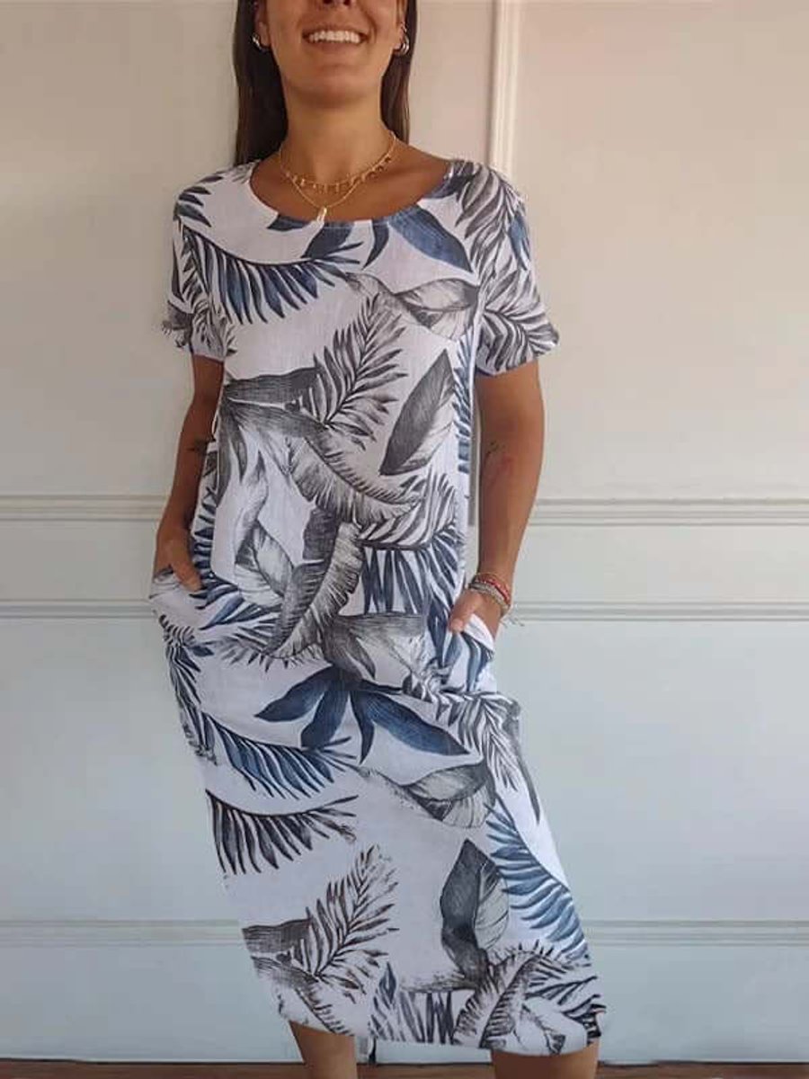 Women's Relaxed-Fit Cotton Linen Tropical Print Fall Midi Dress